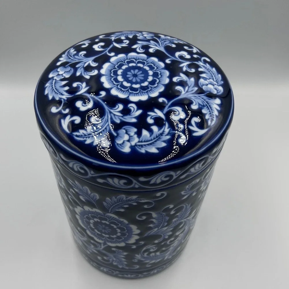 Pier 1 Mandarin Blue and White Floral Porcelain Canister with Lid 9.5